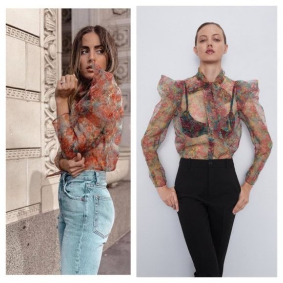 🎊🥳🎉 Host Pick! 🎊🥳🎉 NEW Zara Puff Sleeve Floral Organza Bow Tie Blouse - Picture 7 of 16